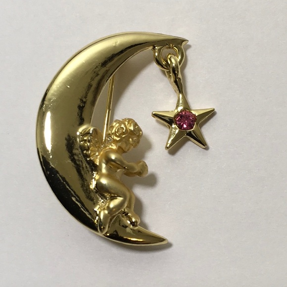 Jewelry - Vintage L Razza Cherub Moon Star Brooch 🌙 ⭐️